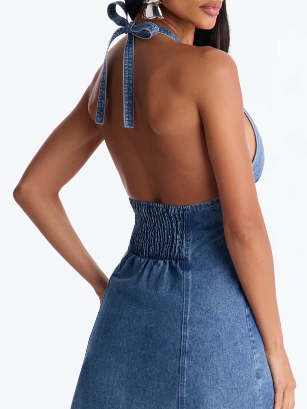 Fashion Nova Blue Denim Backless Halter Dress